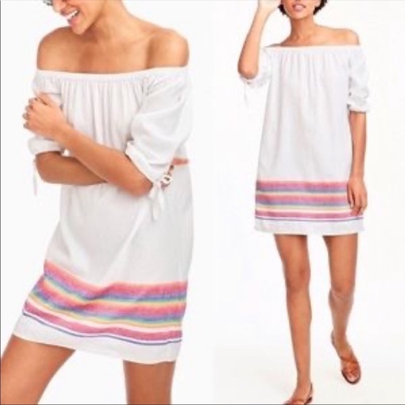 J. Crew Linen Off Shoulder White Rainbow Stripe Coastal Dress Size Medium - Picture 2 of 15